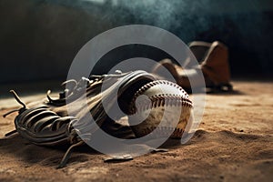 Baseball in glove laying on pitcher\'s mound of ball field. AI generated