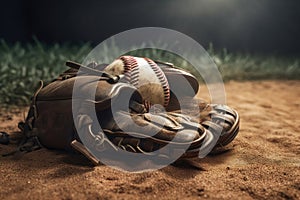 Baseball in glove laying on pitcher\'s mound of ball field. AI generated