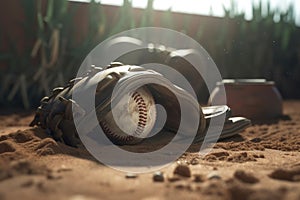 Baseball in glove laying on pitcher\'s mound of ball field. AI generated