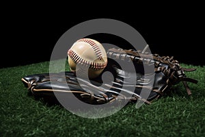 Baseball glove with playing ball on green grass. Generate ai