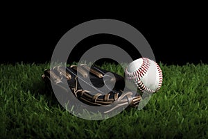 Baseball glove and playing ball on green lawn field. Generate ai