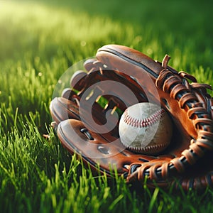 Baseball glove sits of lush green grass, with ball