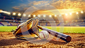 Baseball Glove with Wooden Bat and Ball on a Baseball Field - Generative Ai