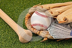 Baseball, glove and wooden bat with cash money.