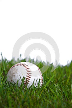 A baseball in the grass