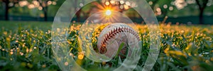 Baseball Grass Field Closeup Ball Seams Ground Summer Sunlight Sports Player Header Banner