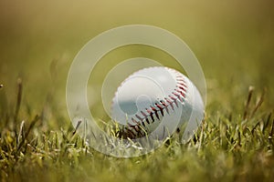 Baseball, grass pitch and ball, sport and outdoor closeup, baseball field and sports game. Competition, fitness