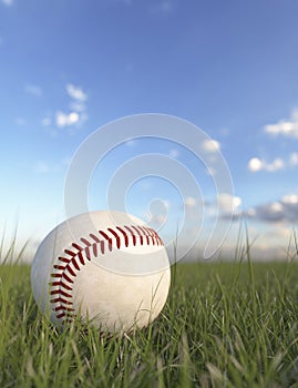 Baseball in the grass on a summers day 3d render