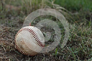 Baseball on the green grass after landing