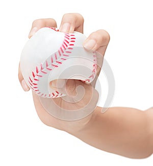 Baseball in hand of childrend on white background with clipping photo