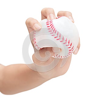 Baseball in hand of childrend on white background with clipping photo