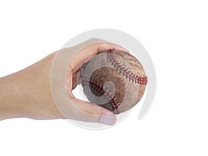 Baseball in hand on white background