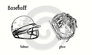 Baseball helmet and glove. Ink black and white doodle drawing
