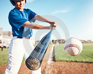 Baseball, hit and person on field for training, sports or fitness competition outdoor. Closeup of pitcher, ball or bat