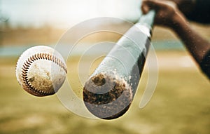 Baseball hit, sports and athlete on a outdoor field hitting a ball in a game with a baseball bat. Sport, baseball player