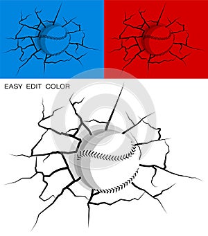 Baseball hit wall powerfully and damaged, cracks on wall. Sports design element. American national sport. Active lifestyle. Vector