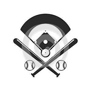 Baseball icons. Field, bals and baseball bats in flat style on white background