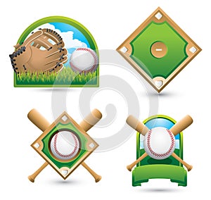 Baseball icons and symbols on white backdrop