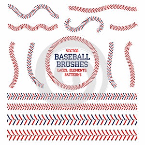 Baseball laces set. Baseball seam brushes. Red and blue stitches photo