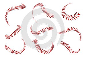Baseball laces set. Baseball stitches with red threads. Sports graphic elements and seamless brushes