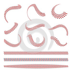 Baseball laces set. Baseball stitches with red threads. Sports graphic elements and seamless brushes