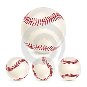 Baseball Leather Ball Close-up Set Isolated On White. SoftBall Base Ball. Realistic Vector Illustration