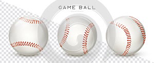 Baseball leather Balls set. Vector realistic Softball icons. Sport game equipment isolated on transparent background