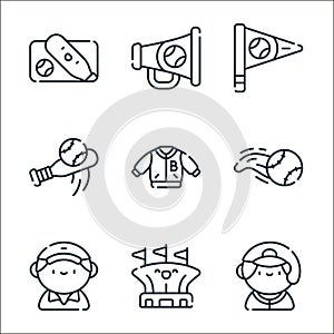 baseball line icons. linear set. quality vector line set such as batter, stadium, referee, baseball ball, jacket, swing, flag,