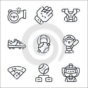 baseball line icons. linear set. quality vector line set such as catcher, playoff, strategy, baseball player, medal, shoes, chest