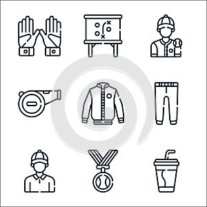 baseball line icons. linear set. quality vector line set such as drink, medal, coach, trousers, jacket, whistle, baseball player,