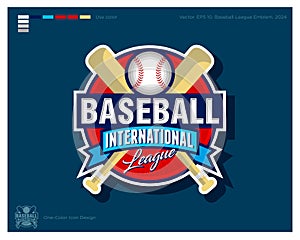 Baseball logo. Baseball bats and ball with ribbons. International League of Baseball Emblem. Identity and app icon.