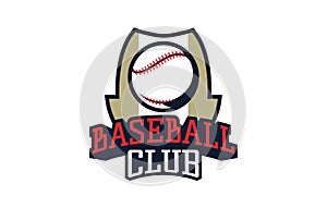 Baseball logo, emblem. Colorful emblem of the ball against the background of the shield. Logo template for sports club