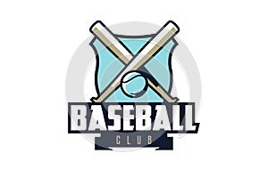 Baseball logo, emblem. Colorful emblem of ball and bit against shield background. Logo template for sports club