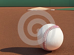 A baseball lying on the ground in front of a green field.