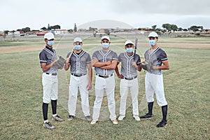 Baseball, mask and team with covid safety on a grass field or sport pitch before a game, training or match outdoor. Men