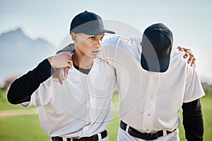 Baseball, men or sports injury help on field, grass or stadium ground in fail, fitness problem or dehydration burnout