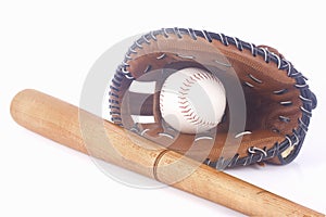 Baseball, mitt and bat