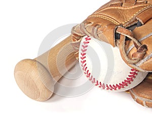 Baseball, mitt and bat on white