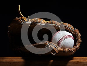 Baseball and mitt on a bench.