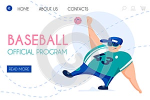 Baseball official program landing page template. Young baseball player vector cartoon character design