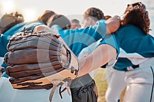 Baseball people and sport team together for huddle at match game on field for motivational support. Professional girl