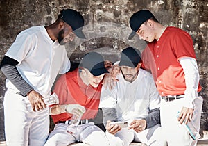 Baseball, phone or team on sports bench watching videos on social media in training in a stadium. Mobile app, friends