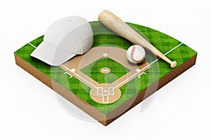 Baseball pitch, cap, ball and bat isolated on white background. 3D illustration