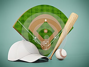 Baseball pitch, cap, ball and bat standing on green background. 3D illustration