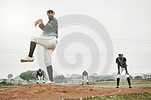 Baseball, pitch and outdoor sports teamwork game with a man team player from Mexico. Pitcher busy with athlete exercise