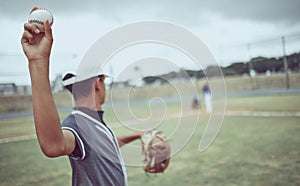 Baseball, pitcher and athlete throwing a ball on an outdoor field during a game or training. Fitness, sports and