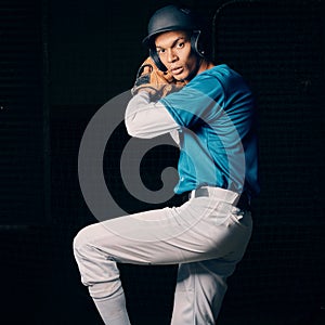 Baseball pitcher, black man and studio portrait with focus, vision and balance for sport, game and motivation. Sports