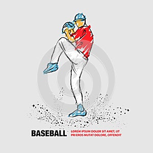 Baseball pitcher getting ready to throw ball. Vector outline of baseball player with scribble doodles