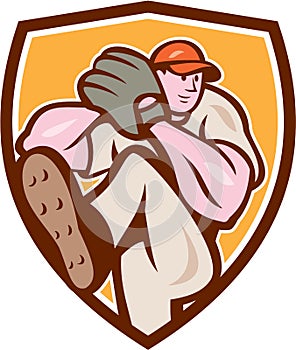 Baseball Pitcher Outfielder Leg Up Shield Cartoon