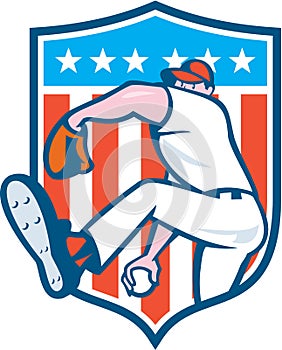 Baseball Pitcher Outfielder Throwing Ball Shield Cartoon